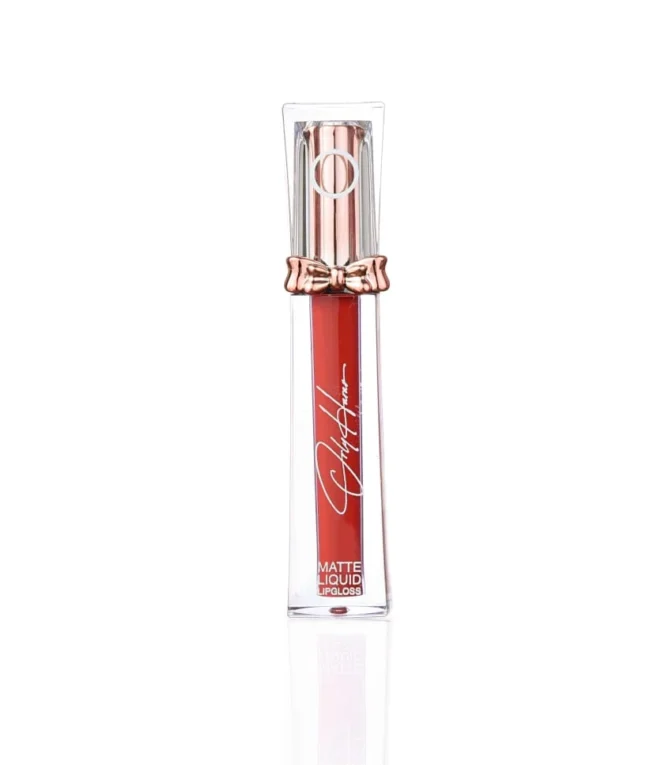 שפופרת Matte Liquid Lipgloss בגוון אדום עם עיטור פנוקייה ורוד-זהב מבית אורלי חרר